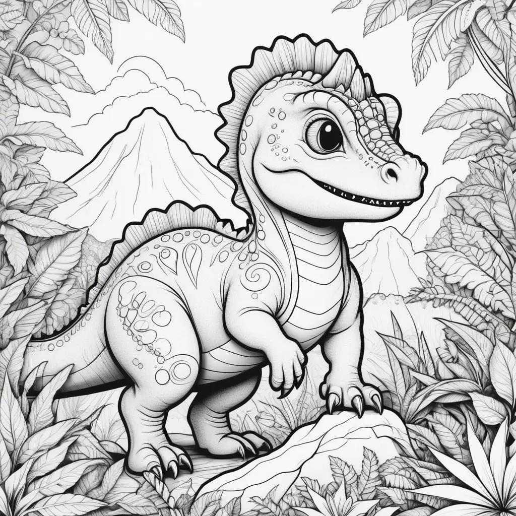 Colorful dinosaur in jungle setting on coloring page