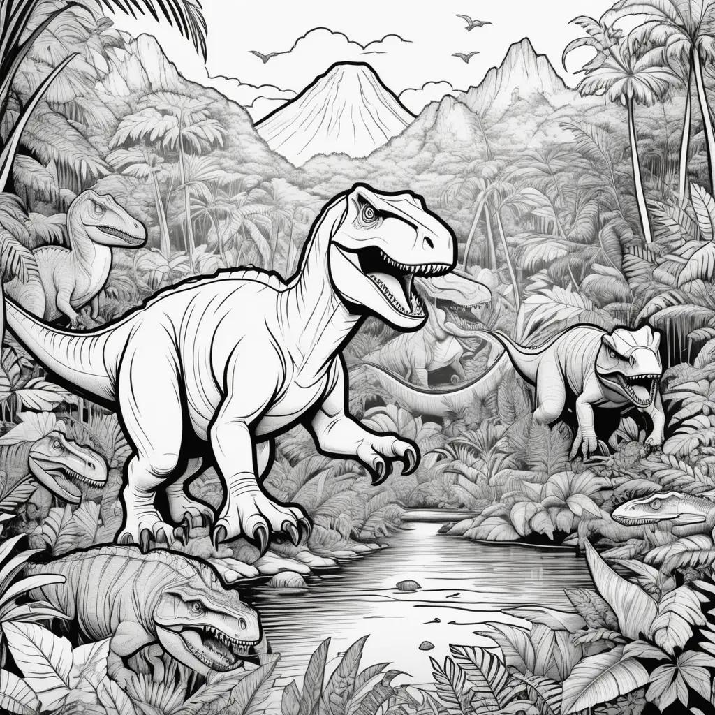 Colorful dinosaurs in a jungle scene with mountains in the background