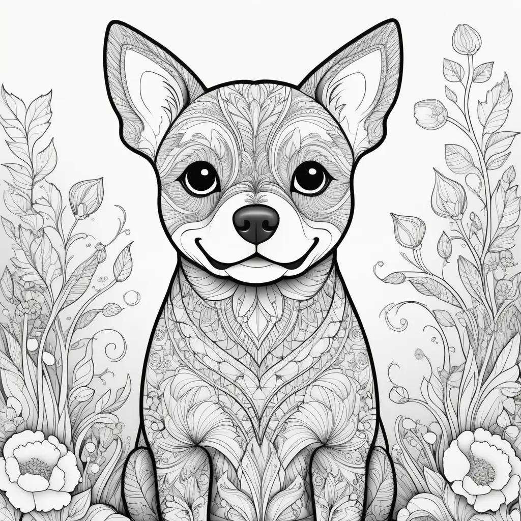 Colorful dog coloring page with flowers and leaves