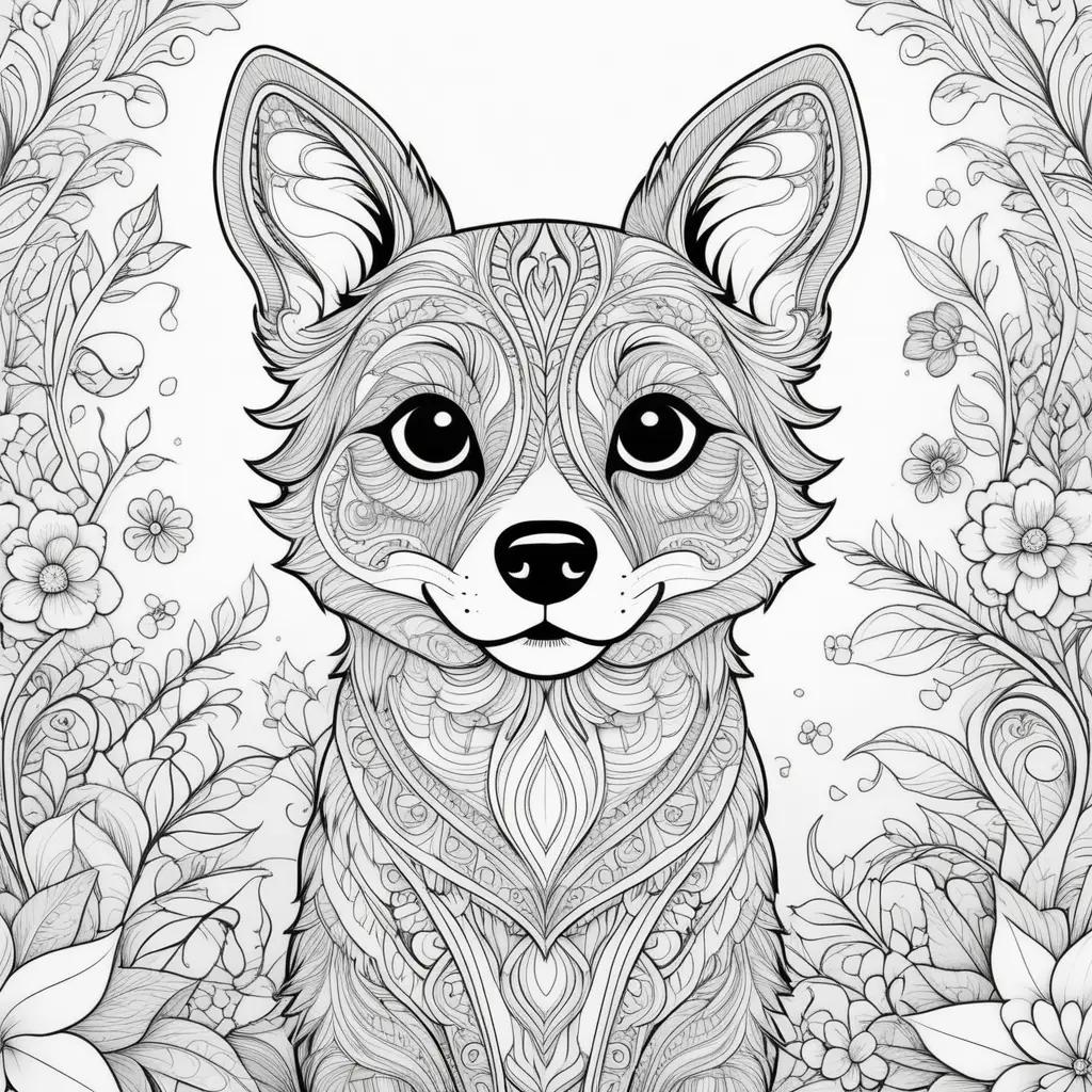 Colorful dog with floral designs on black and white coloring pages