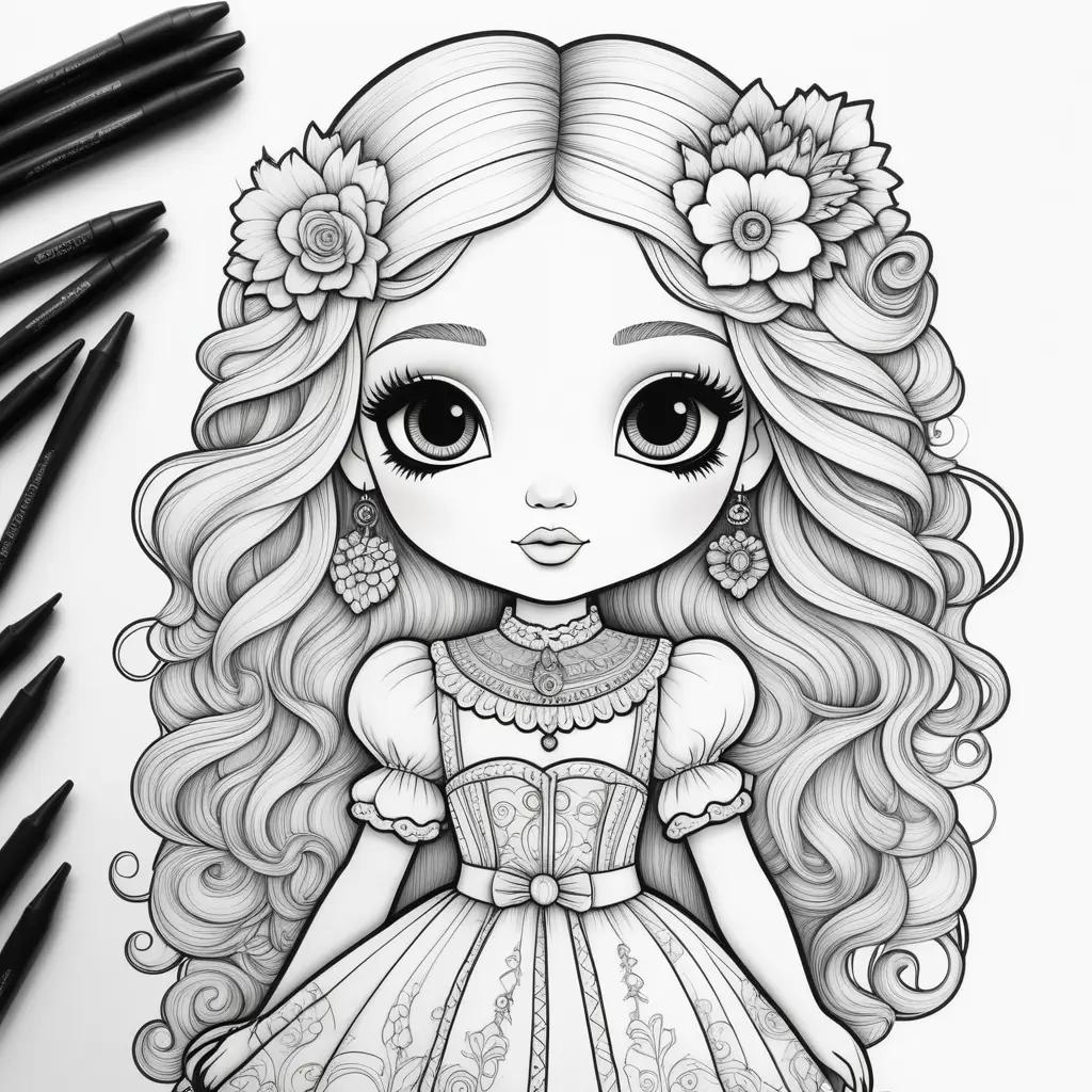 Colorful doll with flowers and earrings on a coloring page