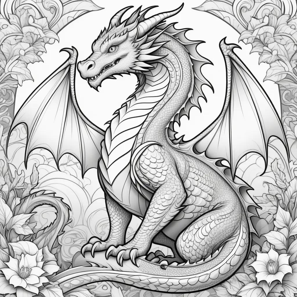 Colorful dragon coloring page with floral background