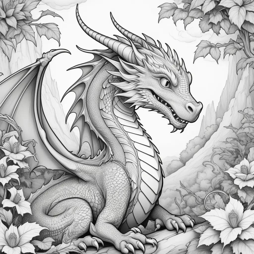 Colorful dragon coloring pages with a tree in the background