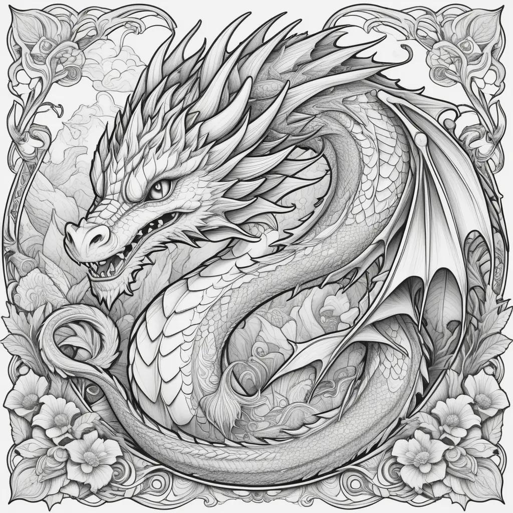 Colorful dragon coloring pages with beautiful flowers