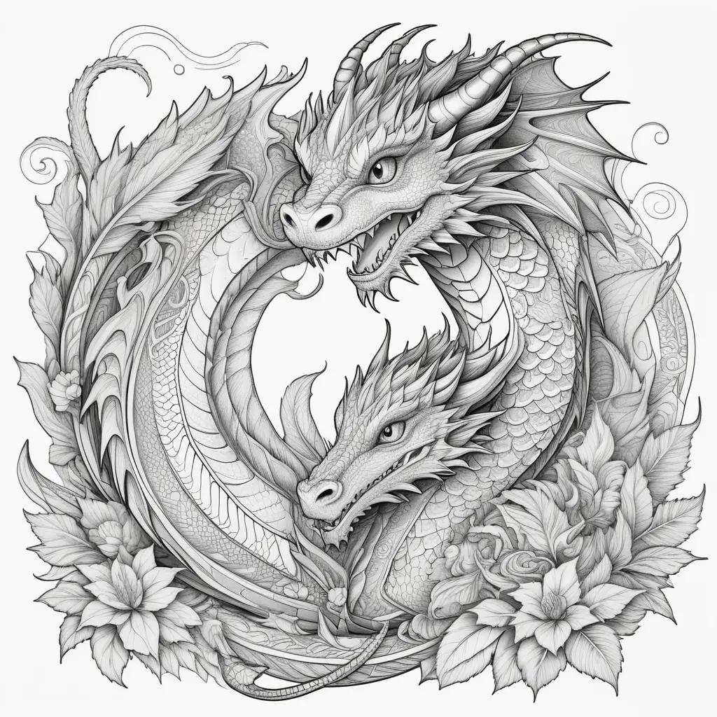 Colorful dragon coloring pages with leaves and flowers