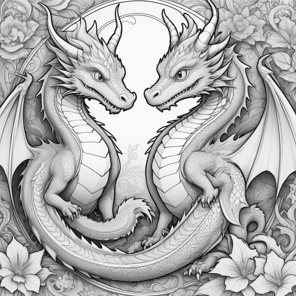 Colorful dragons in a circle, surrounded by flowers