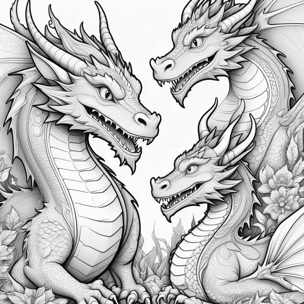 Colorful dragons in a flower garden on coloring pages