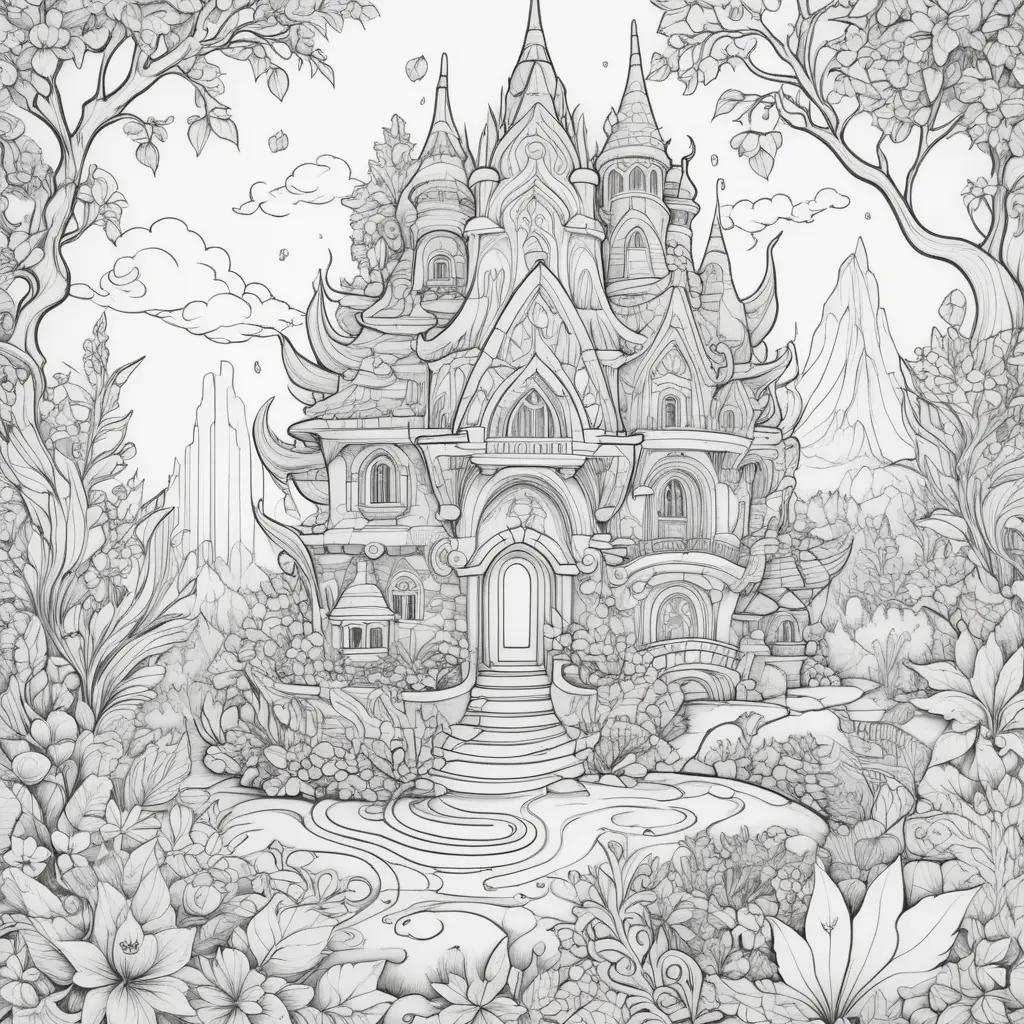 Colorful drawing of a castle and trees in a magical forest