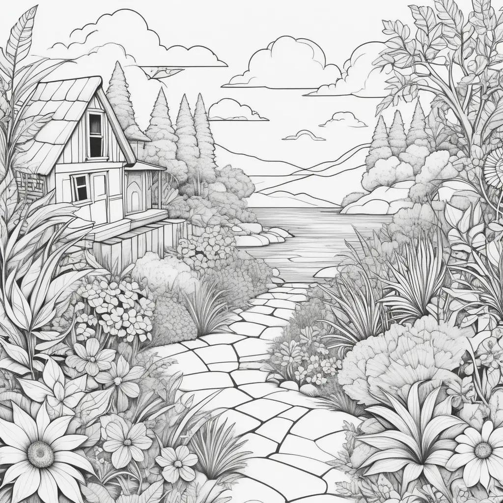 無料の夏のぬりえで家と庭のカラフルな絵