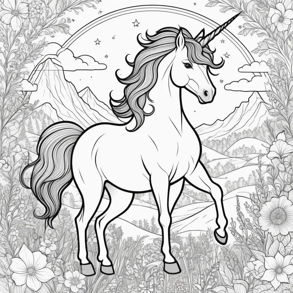 Colorful drawing of a white unicorn with a rainbow background