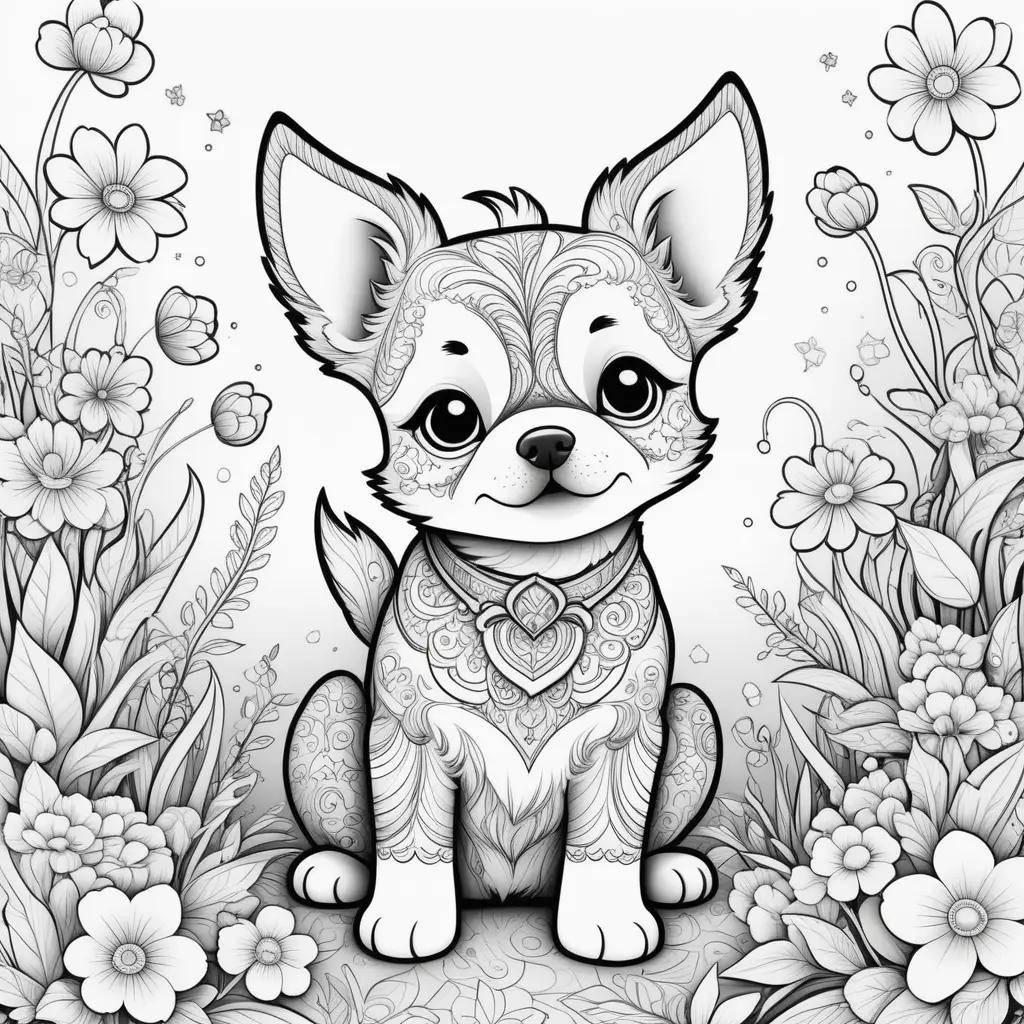 花畑のかわいい犬のカラフルな絵
