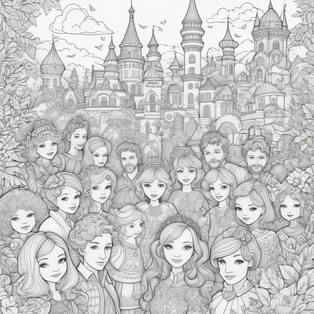 Colorful drawing of people in a castle