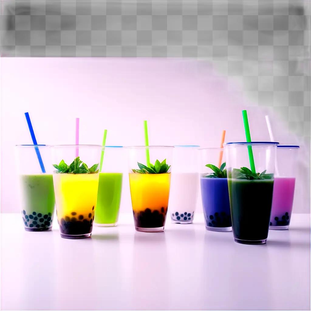 Colorful drinks with boba balls on a white background