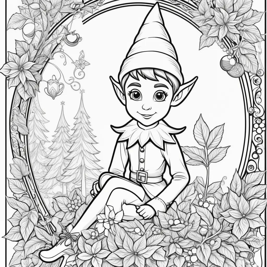 Colorful elf on shelf coloring page with Christmas decorations