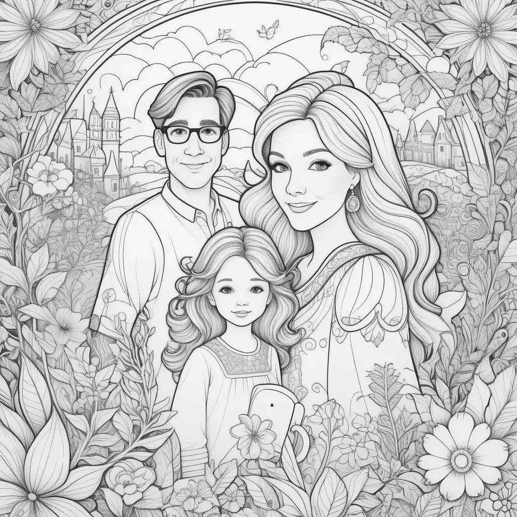 お城と花のある庭のカラフルな家族