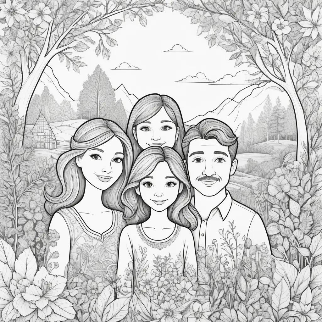 森の中でのカラフルな家族の肖像画