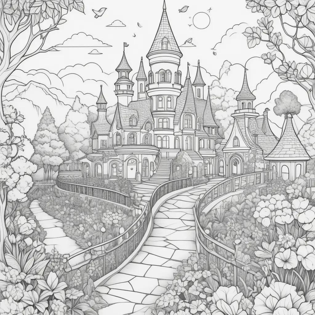 Colorful fantasy castle drawing for kindergarten coloring pages