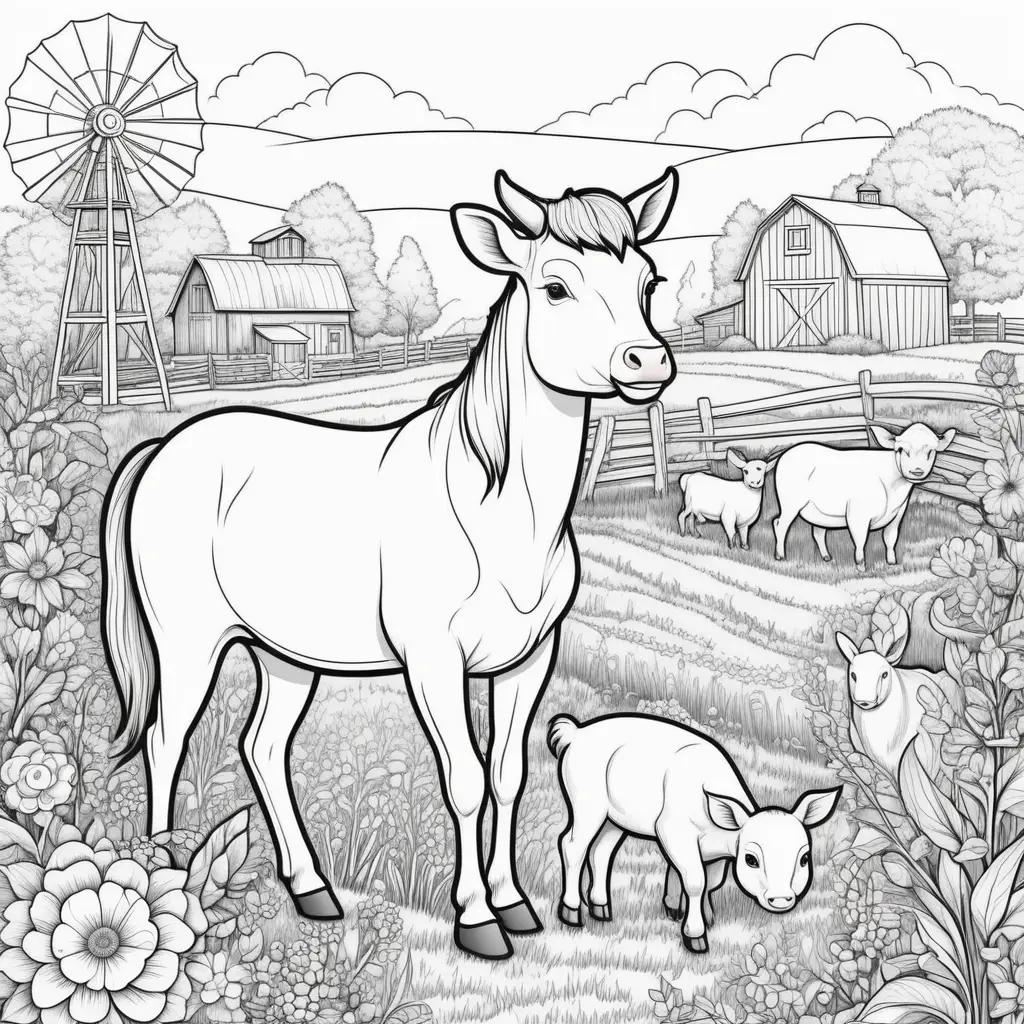 Colorful farm animals and barn in a black and white illustration