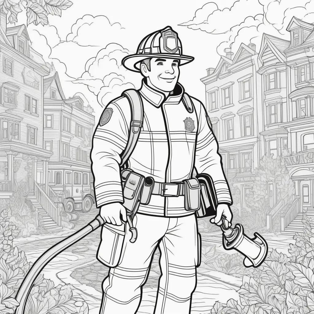 Colorful firefighter coloring pages with a hose