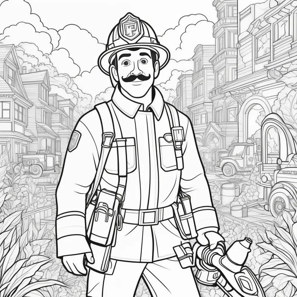 Colorful fireman coloring pages with black and white details