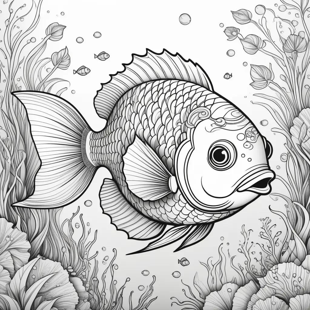 Colorful fish coloring page with bubbles and seaweed