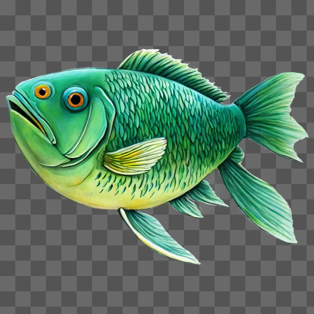 Colorful fish drawing for kids on green background