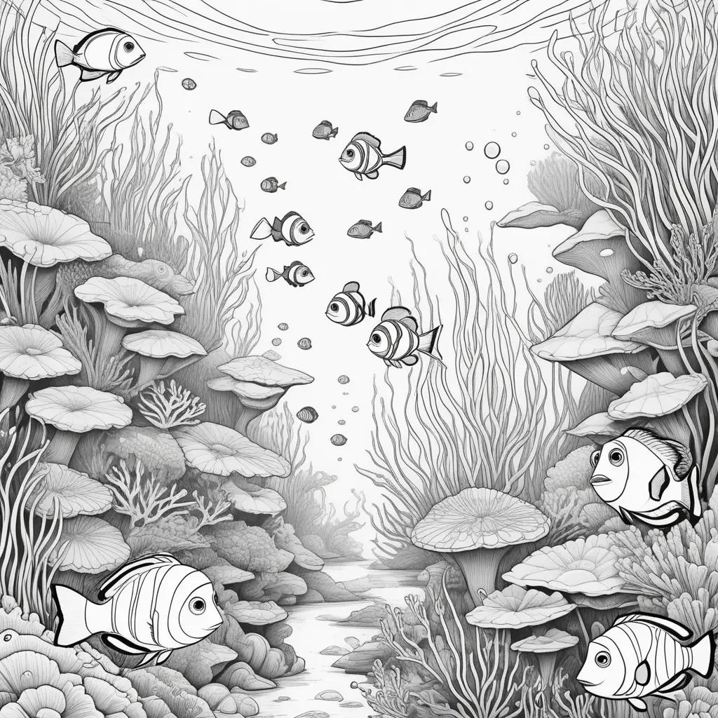 Colorful fish in an underwater scene, with Finding Nemo coloring pages in the background