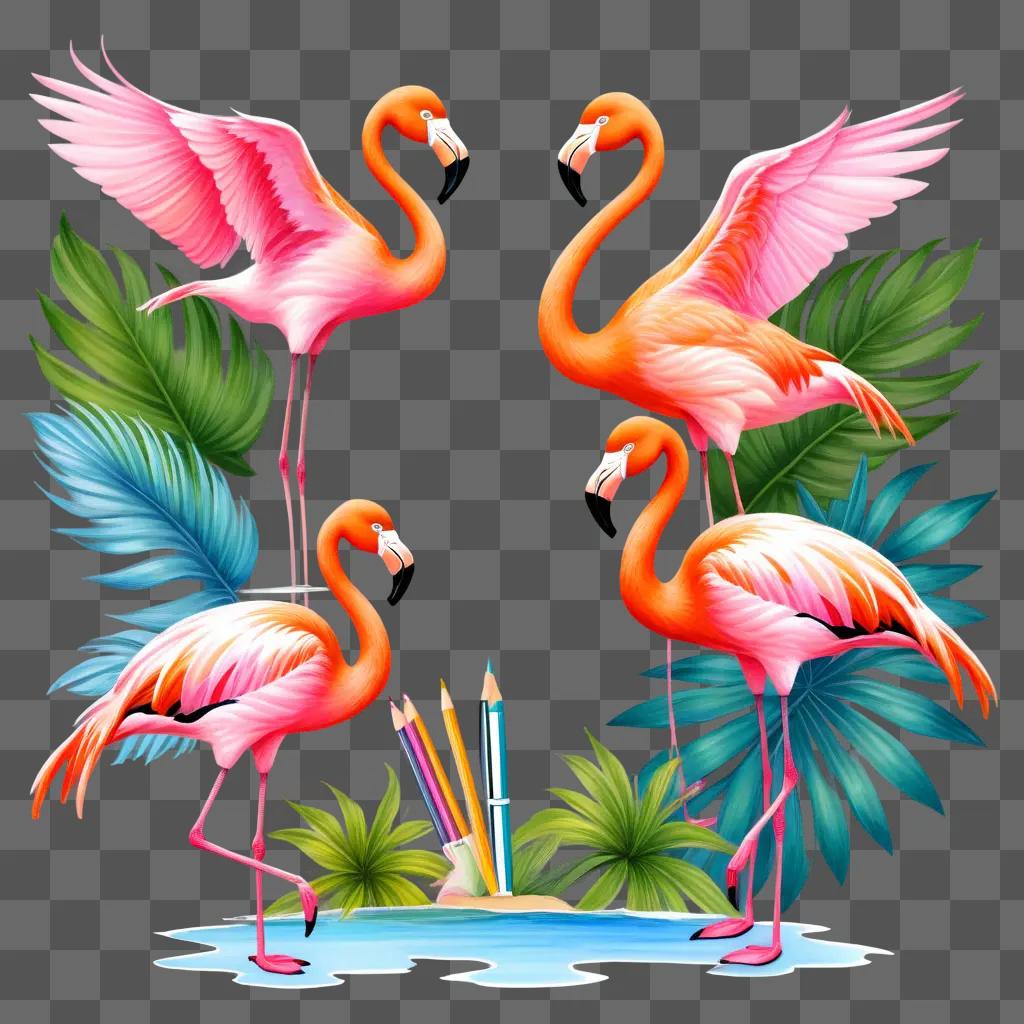 Colorful flamingos are standing on the water