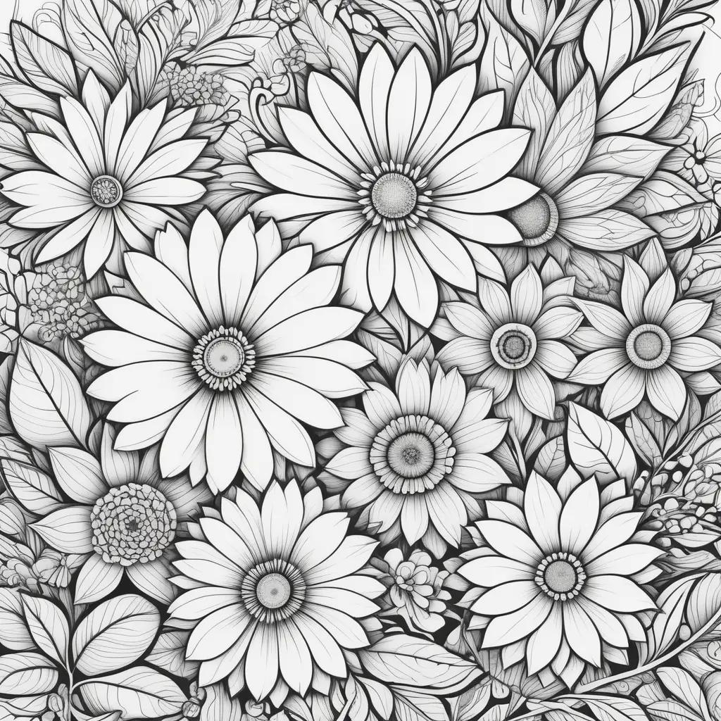 Colorful floral designs on black and white pages