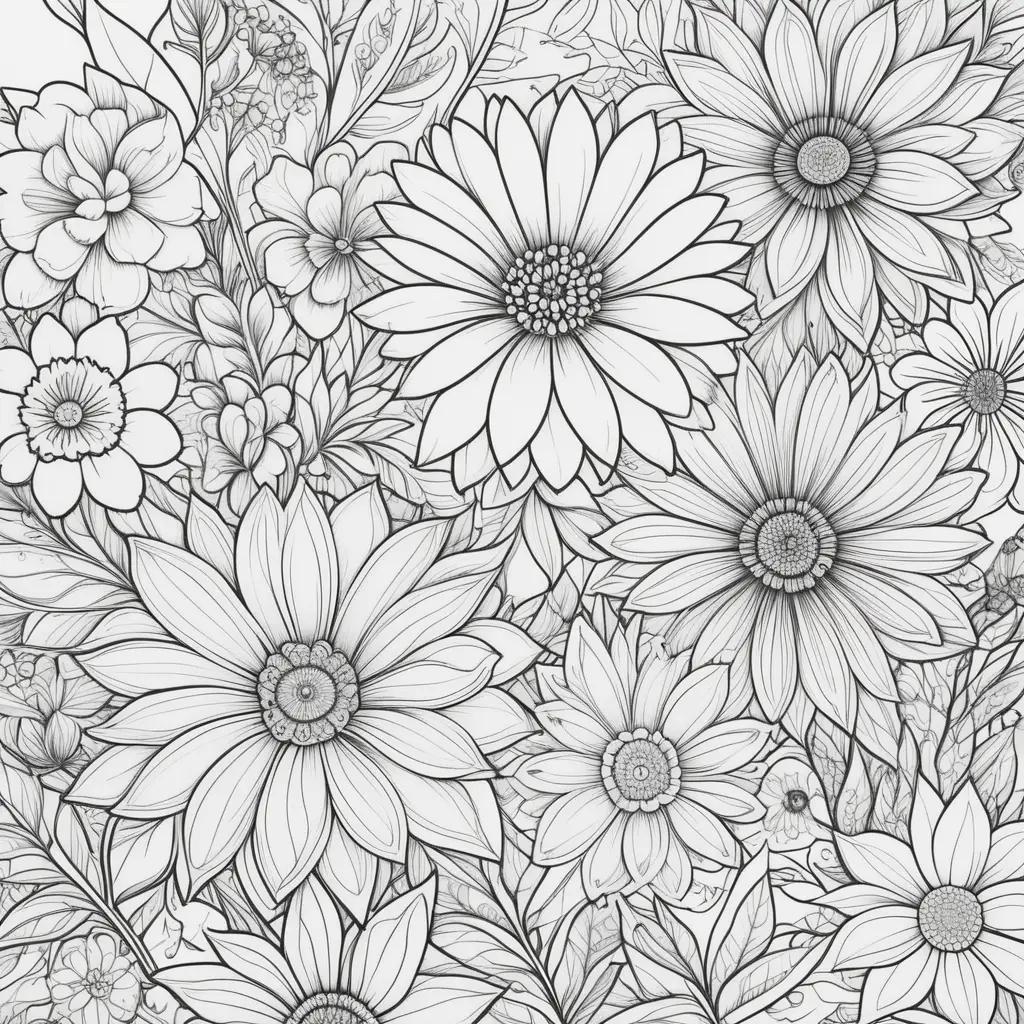 Colorful floral drawings on coloring pages