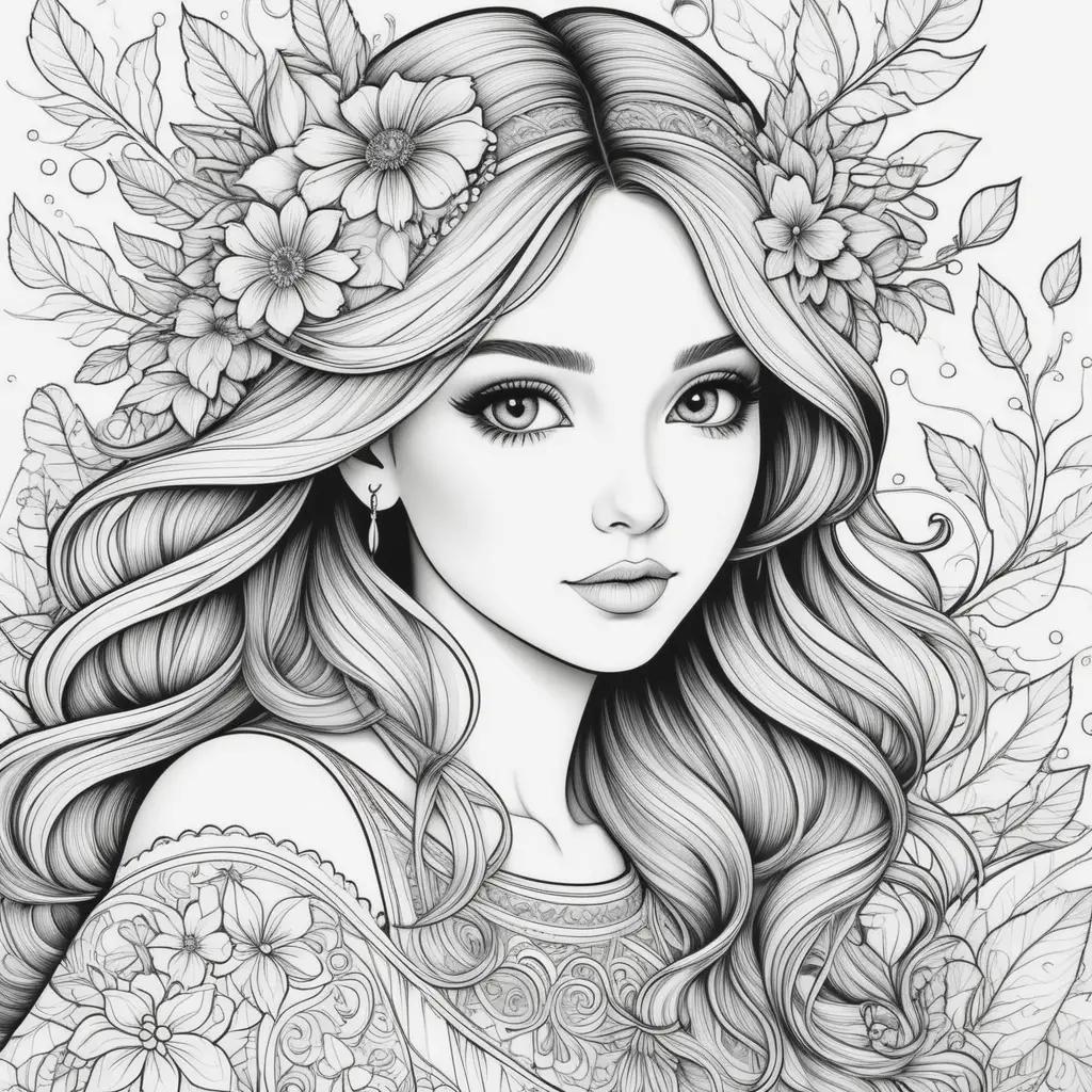 Colorful floral girl in a black and white coloring page