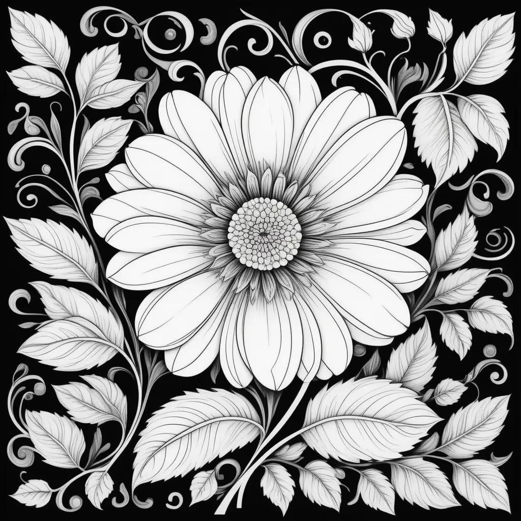 黒と白のぬりえにカラフルな花のデザイン
