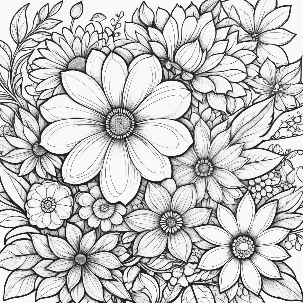 Colorful flower illustrations in black and white
