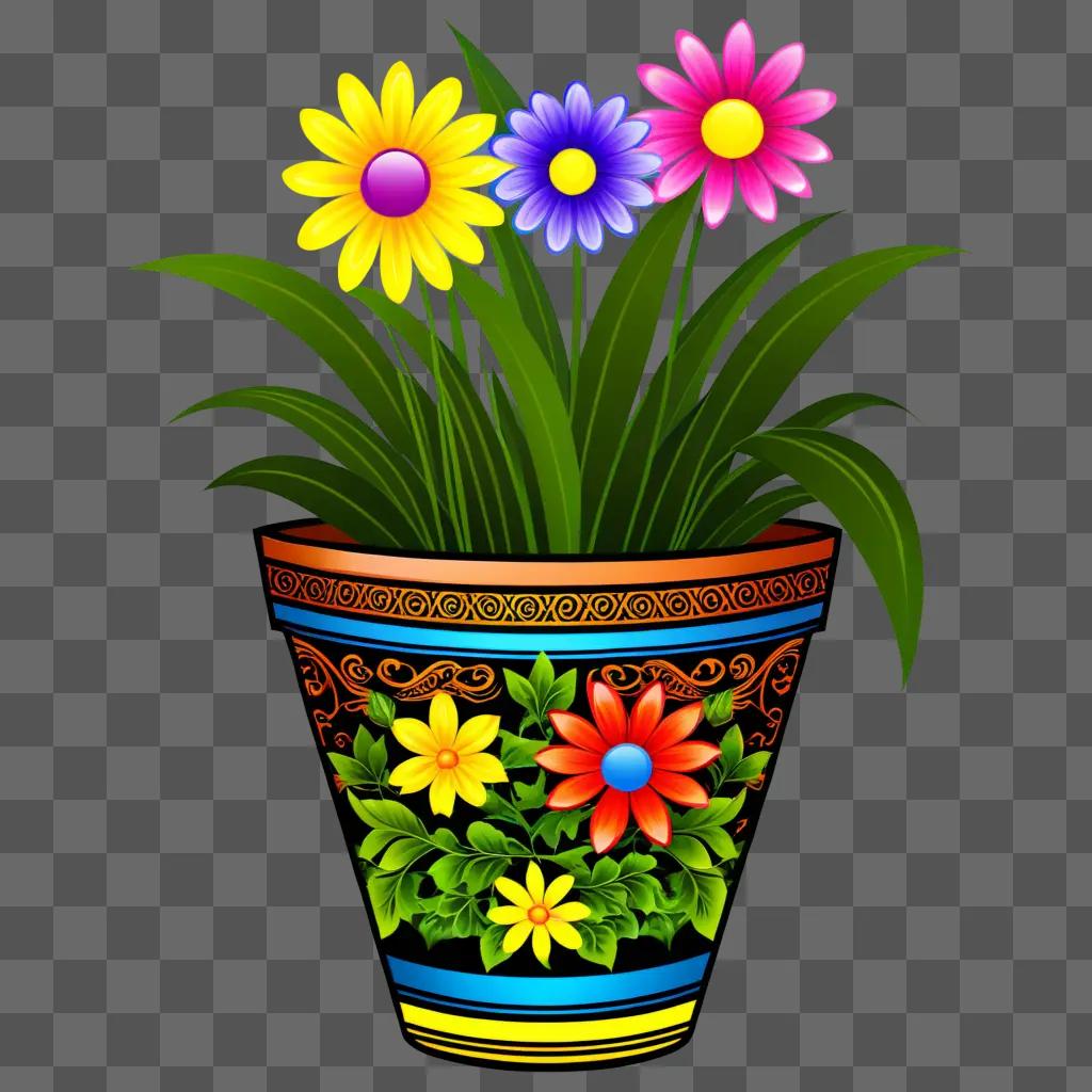 Colorful flower pot with painted flowers