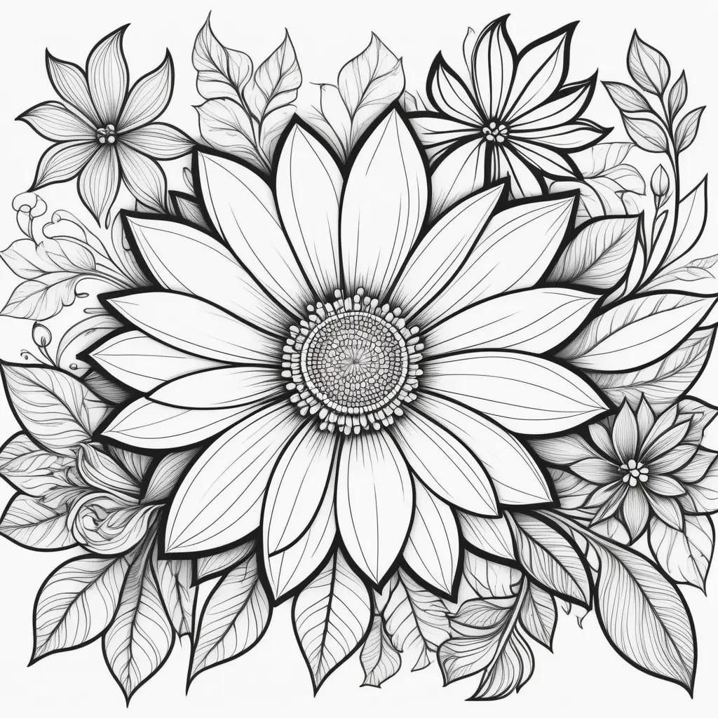 Colorful flower print with leaves in black and white coloring pages