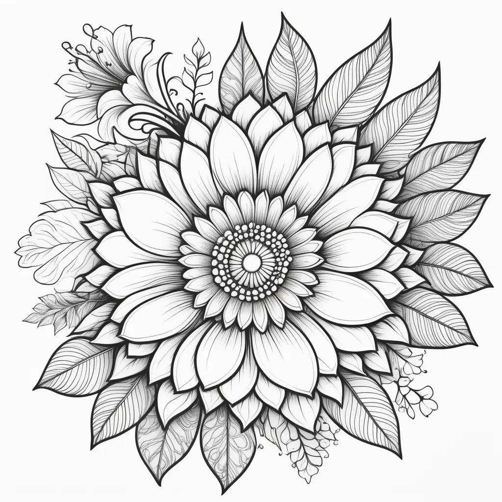 Colorful flower with leaves in a black and white drawing