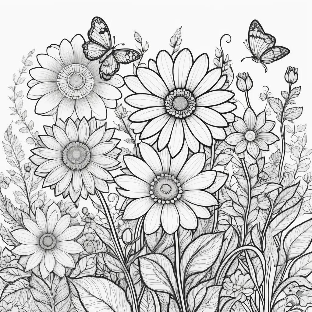 Colorful flowers and butterflies in a black and white coloring page