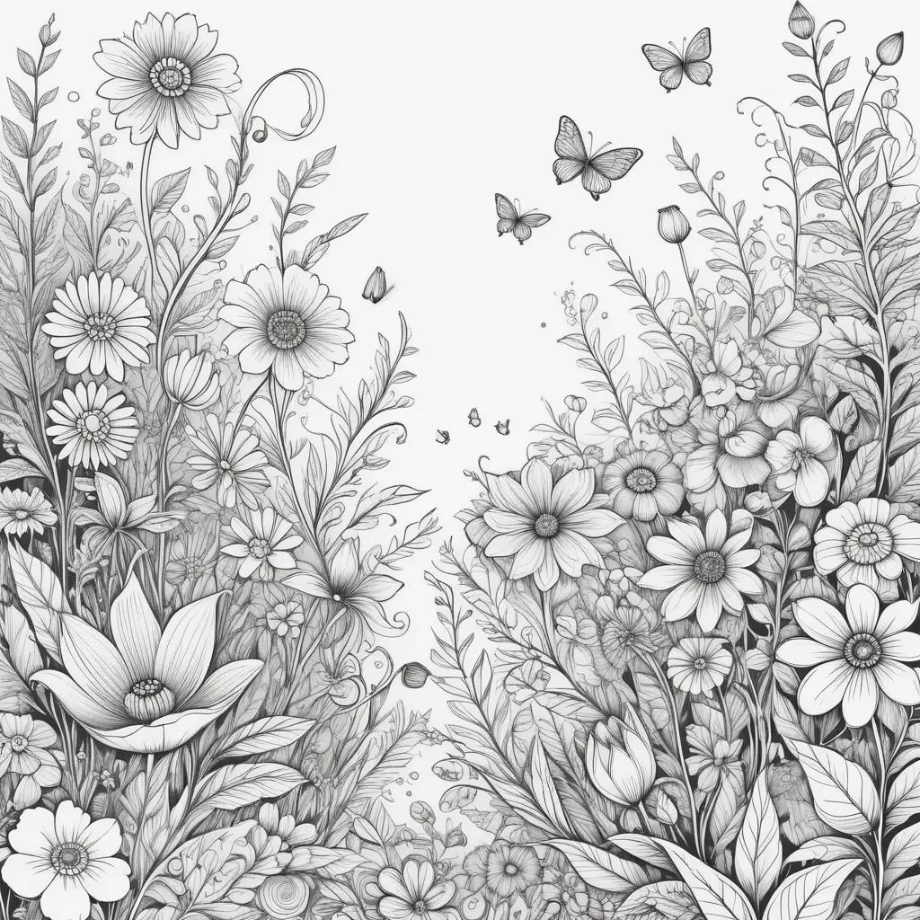 Colorful flowers and butterflies on black and white pages