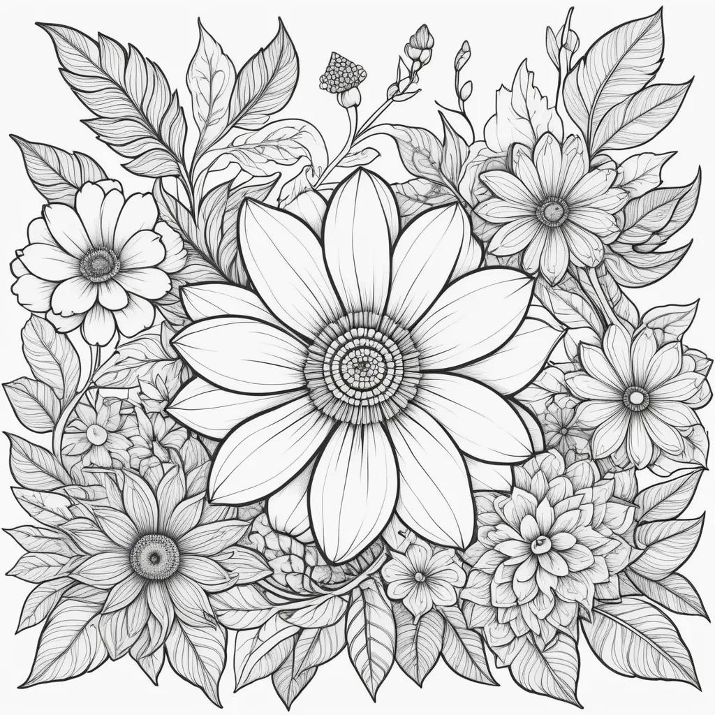 Colorful flowers and leaves in black and white