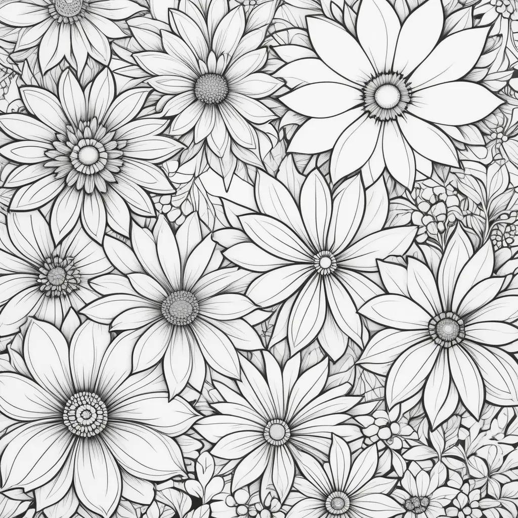 Colorful flowers fill the pages of a coloring book