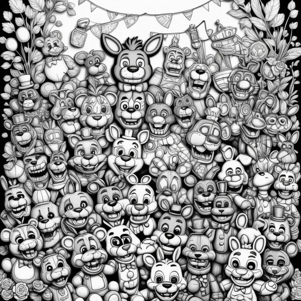 Colorful fnaf characters in a black and white drawing