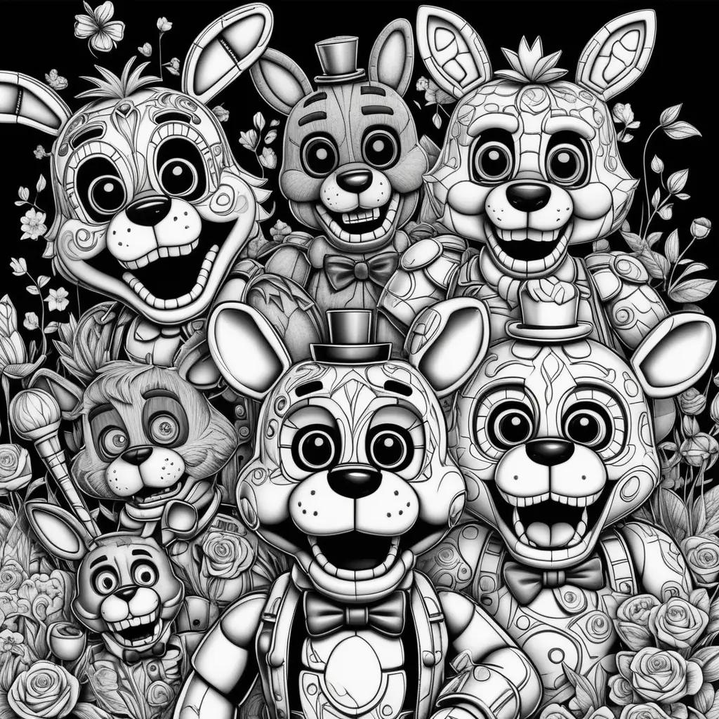 Colorful fnaf characters in black and white