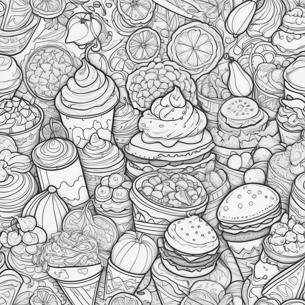 さまざまなデザートが描かれたカラフルな食品ぬりえページ