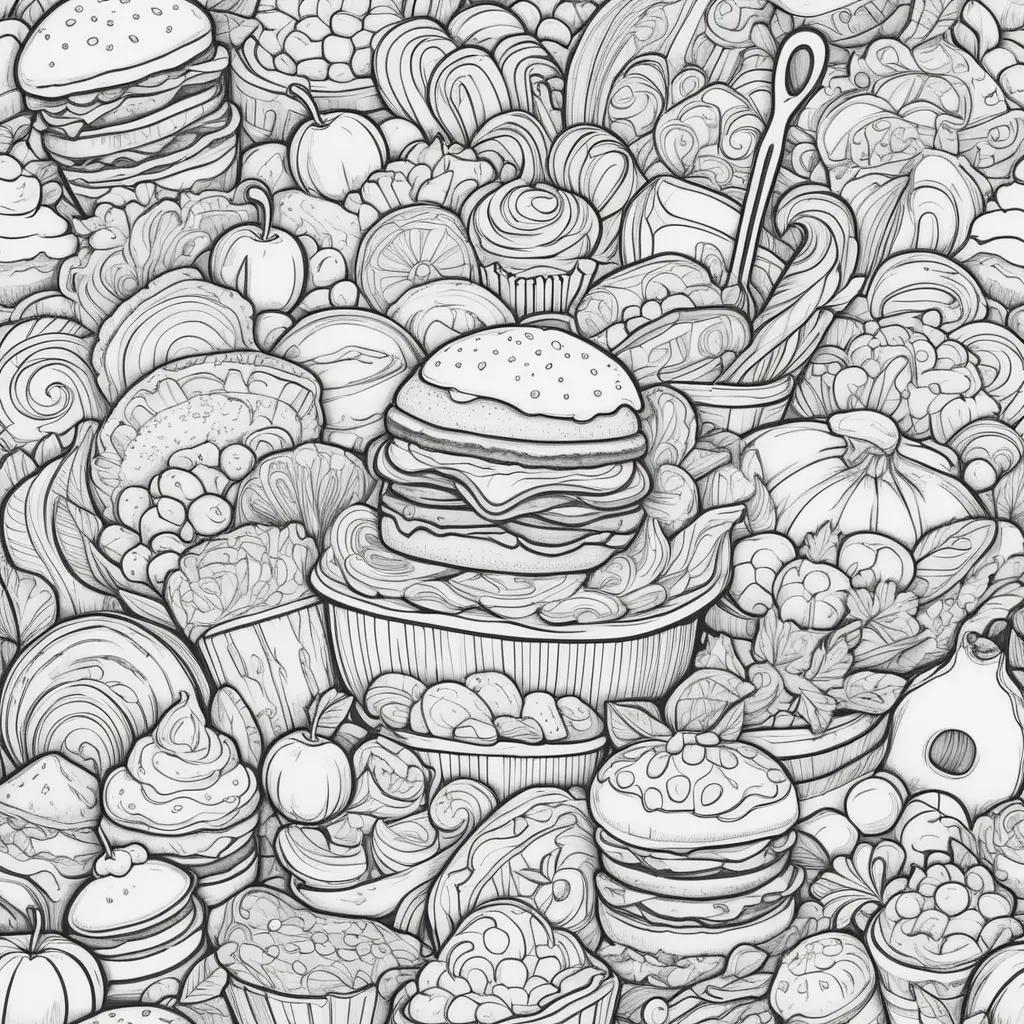 Colorful food coloring page with various pastries and burgers