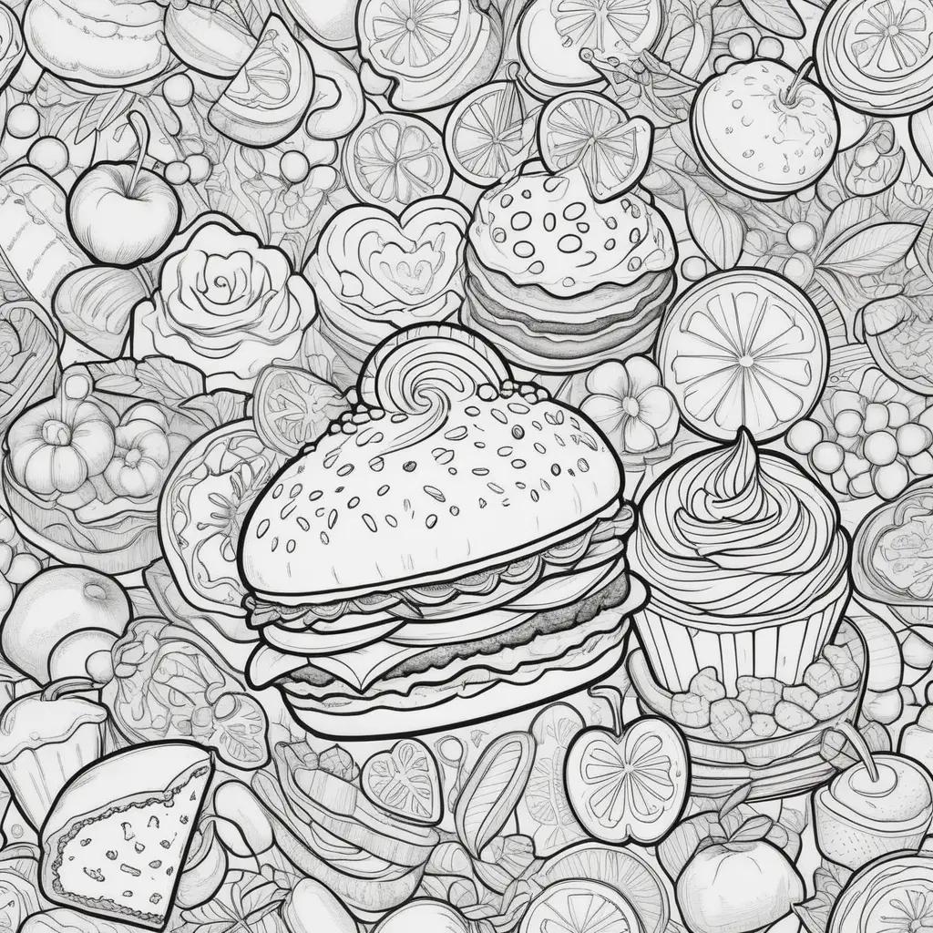 Colorful food coloring pages featuring a sandwich, cake, and apple