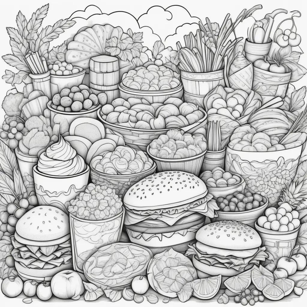 ハンバーガー、リンゴ、その他のアイテムをフィーチャーしたカラフルな食品着色ページ