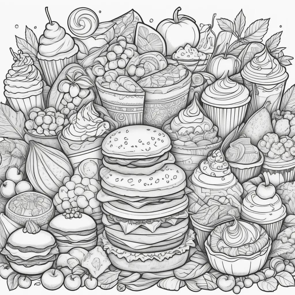 カップケーキ、パイ、ハンバーガーのカラフルな食品着色ページ