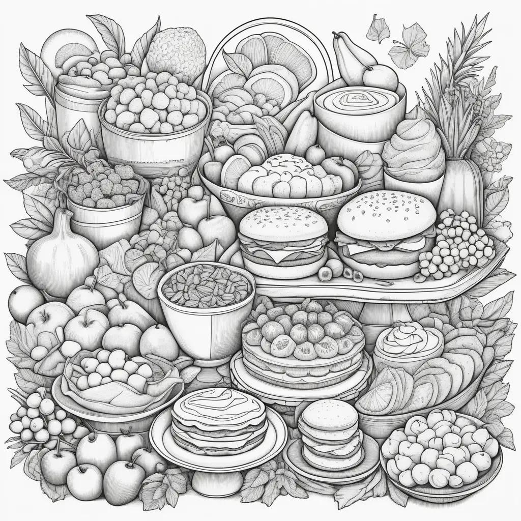 さまざまな果物やデザートが記載されたカラフルな食品ぬりえページ