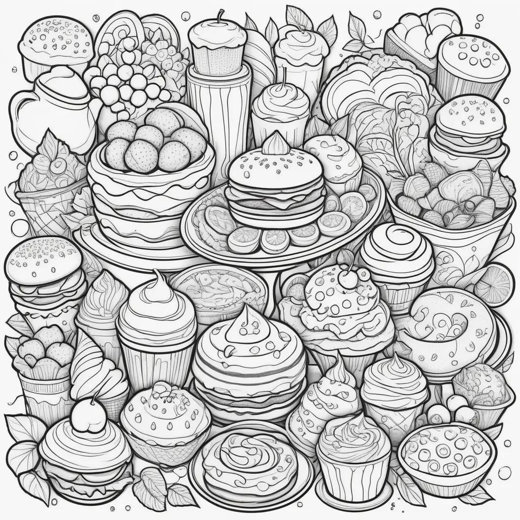 Colorful food coloring pages with various desserts