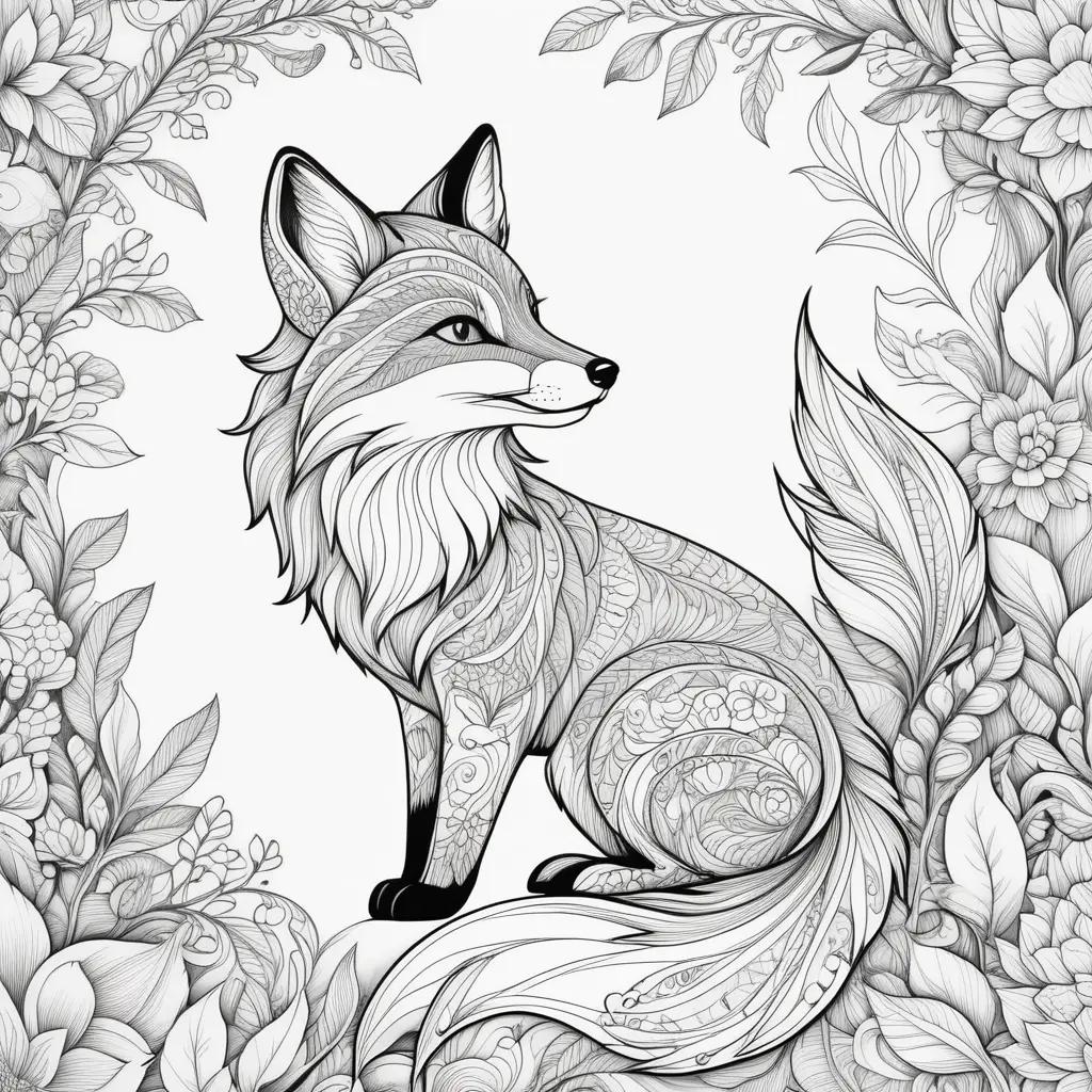 Colorful fox with intricate lines and flowers in a frame